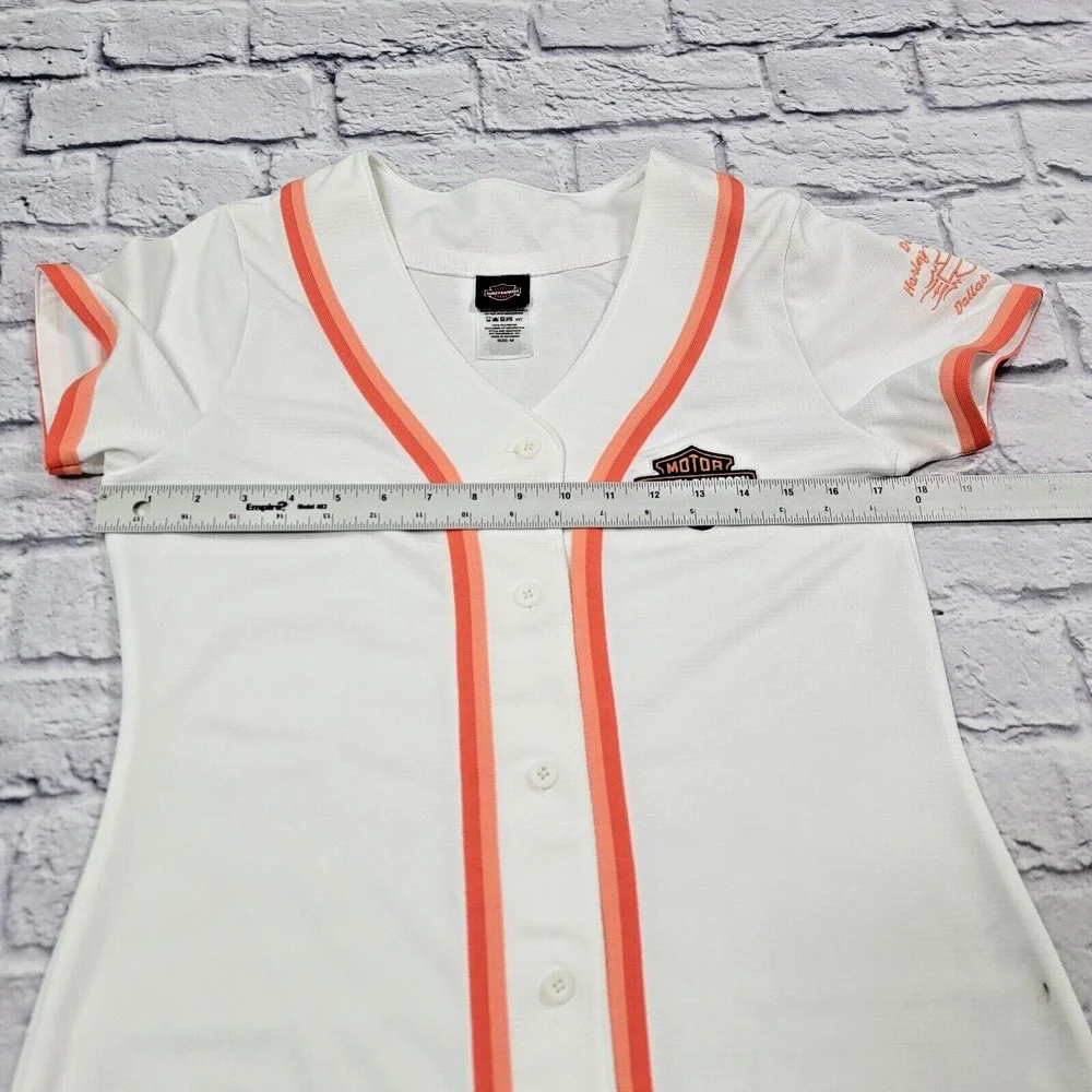 Harley Davidson Baseball T-Shirt Tee Stripe White Orange Dallas sz Medium Button - Picture 8 of 10